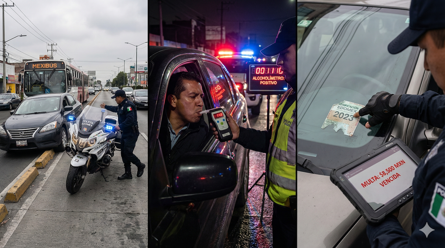 Representación visual de las tres infracciones más costosas en el Estado de México para 2026: invasión de carril confinado, alcoholemia y verificación vencida.