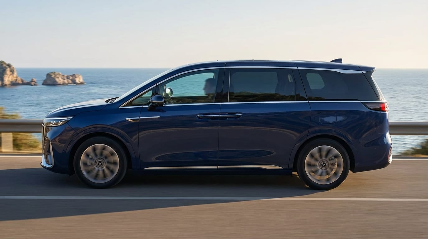 Voyah Dream 2026 - Perfil lateral mostrando sus dimensiones en carretera costera