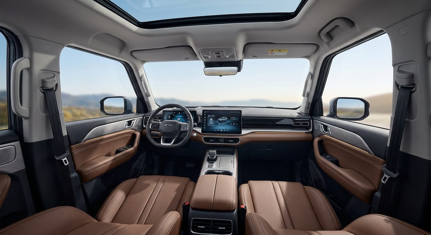 Interior del Jetour T2 2026 Wild con pantalla táctil y asientos de piel