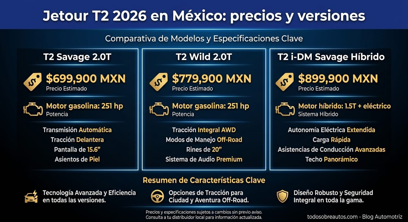 Infografía: Jetour T2 2026 en México: precios y versiones