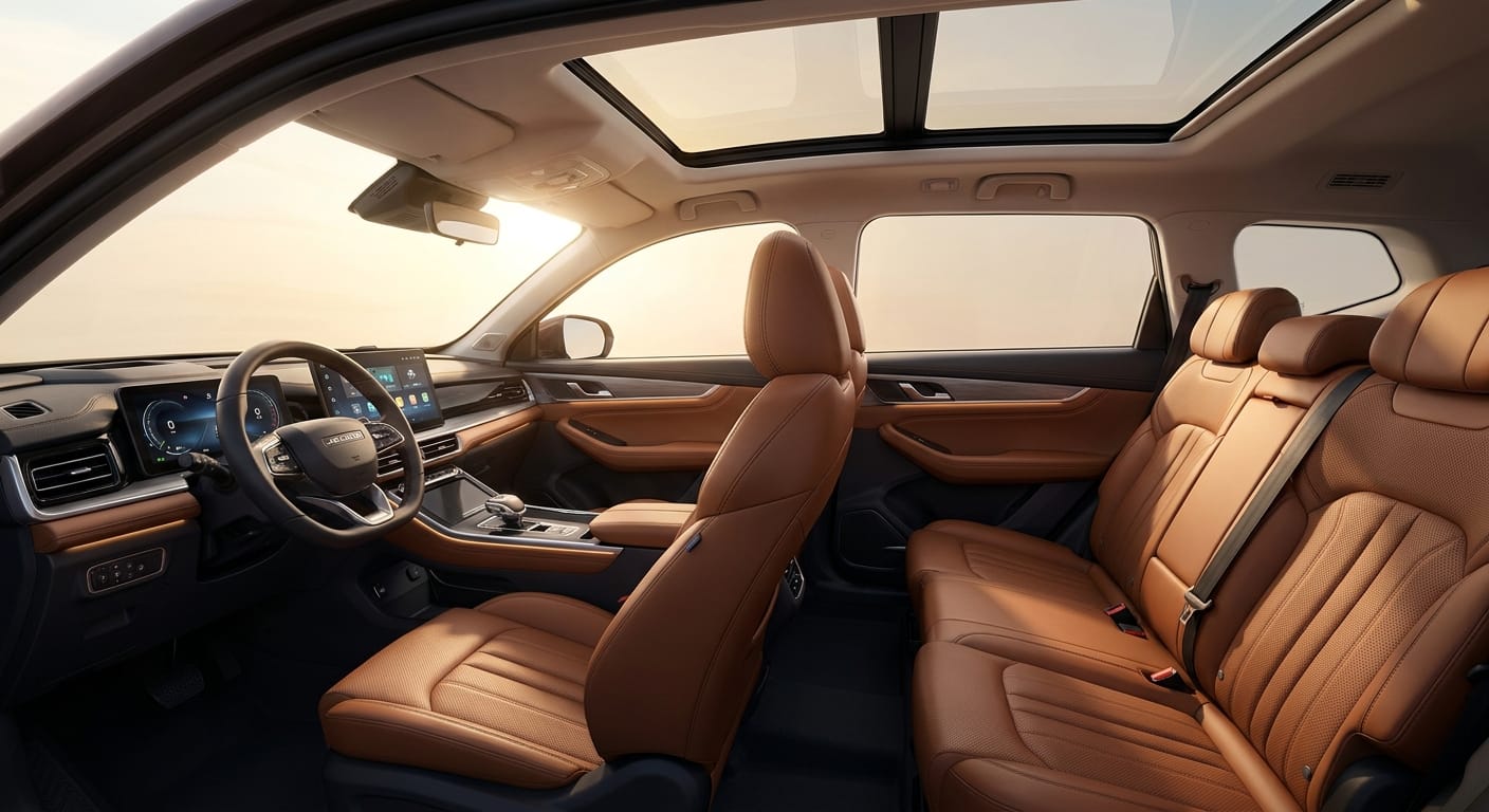 Interior del Jetour G700 2026 con tres filas de asientos y pantalla táctil