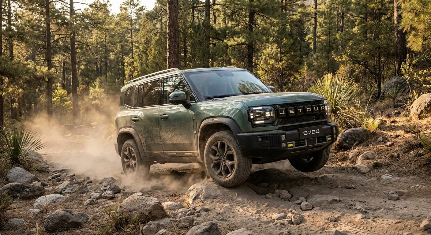 Jetour G700 2026 en camino off-road rocoso en montañas mexicanas