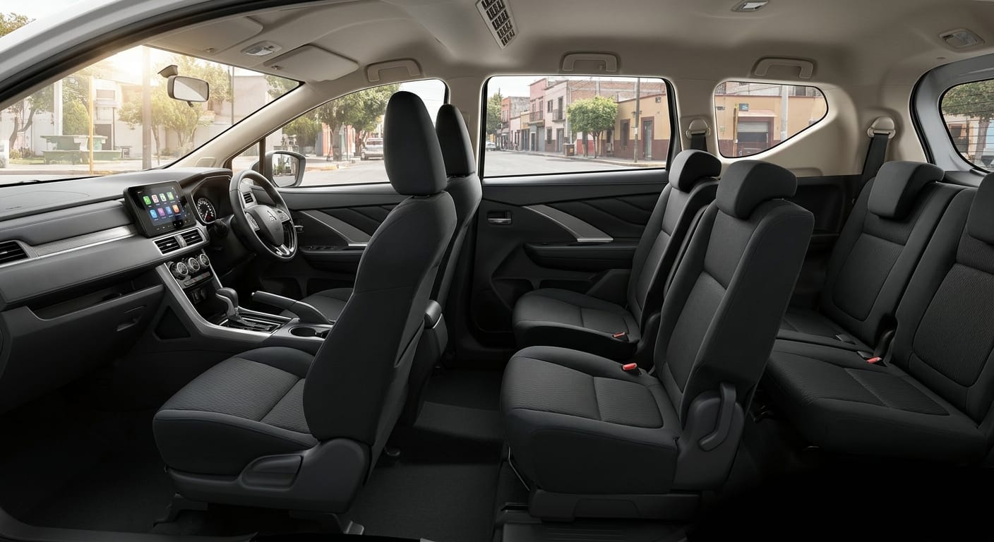 Interior del Mitsubishi Xpander 2026 con tres filas de asientos y tablero con pantalla táctil