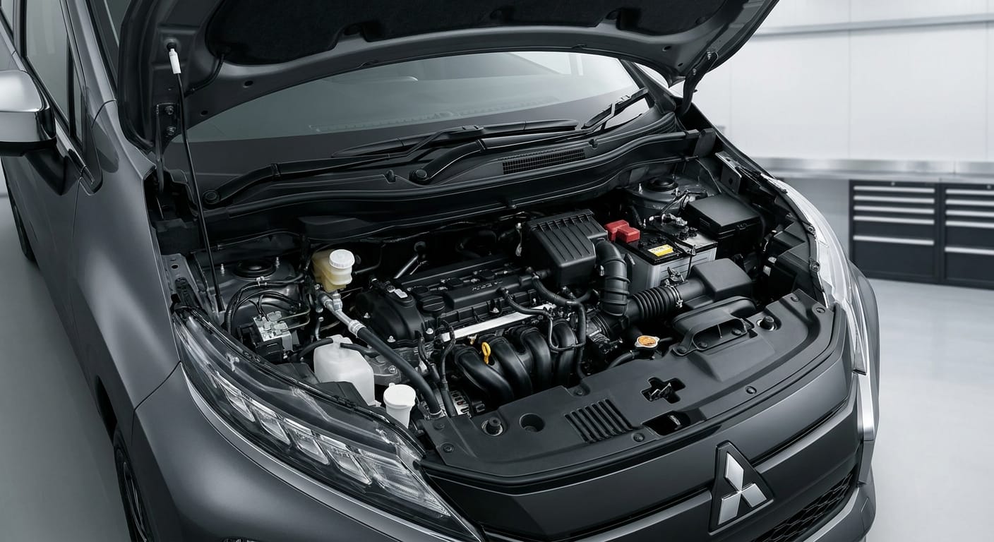 Motor 1.5 litros aspirado del Mitsubishi Xpander 2026 visto desde el cofre abierto