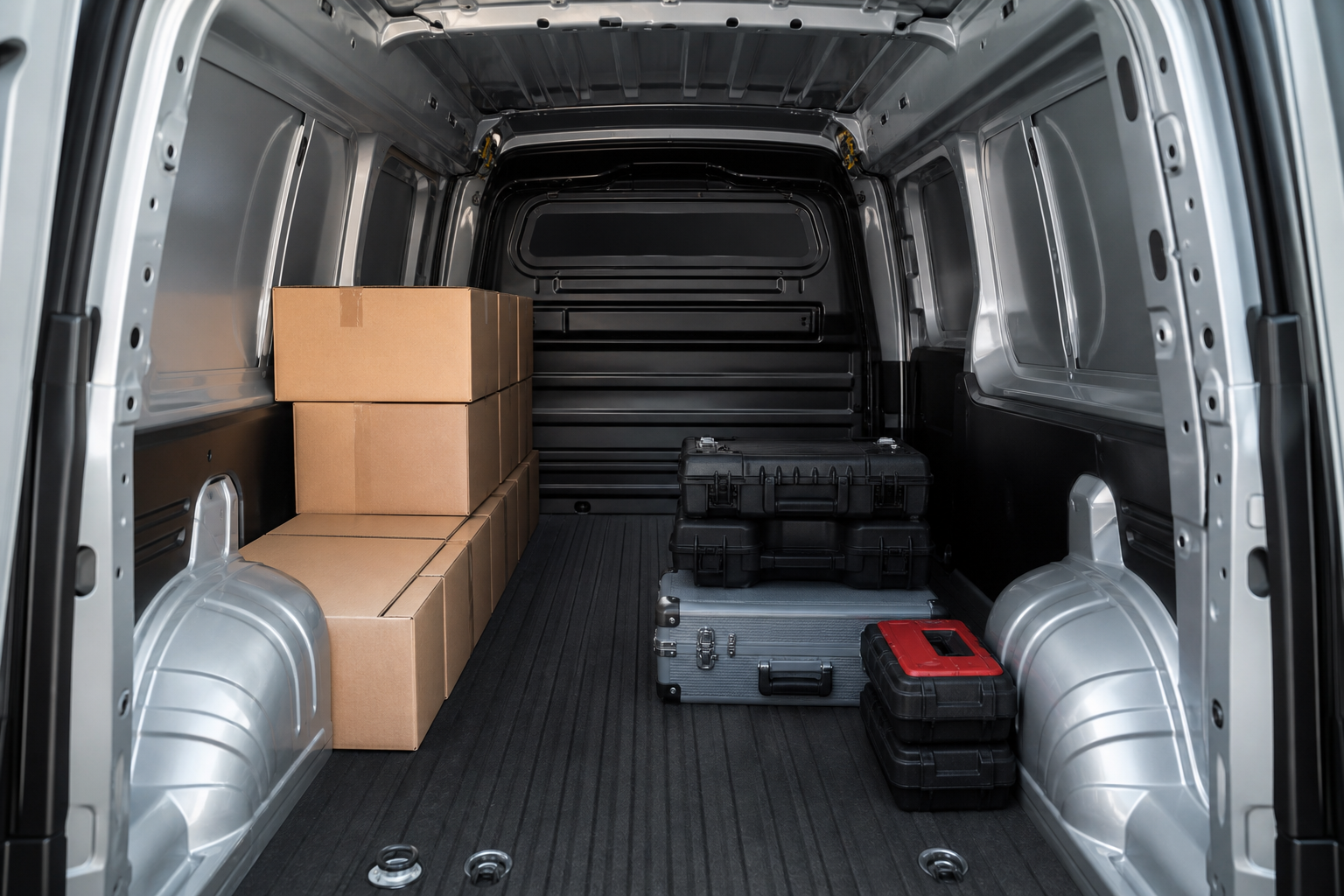 Interior de carga de Peugeot Partner MAXI PACK 2026 con cajas apiladas
