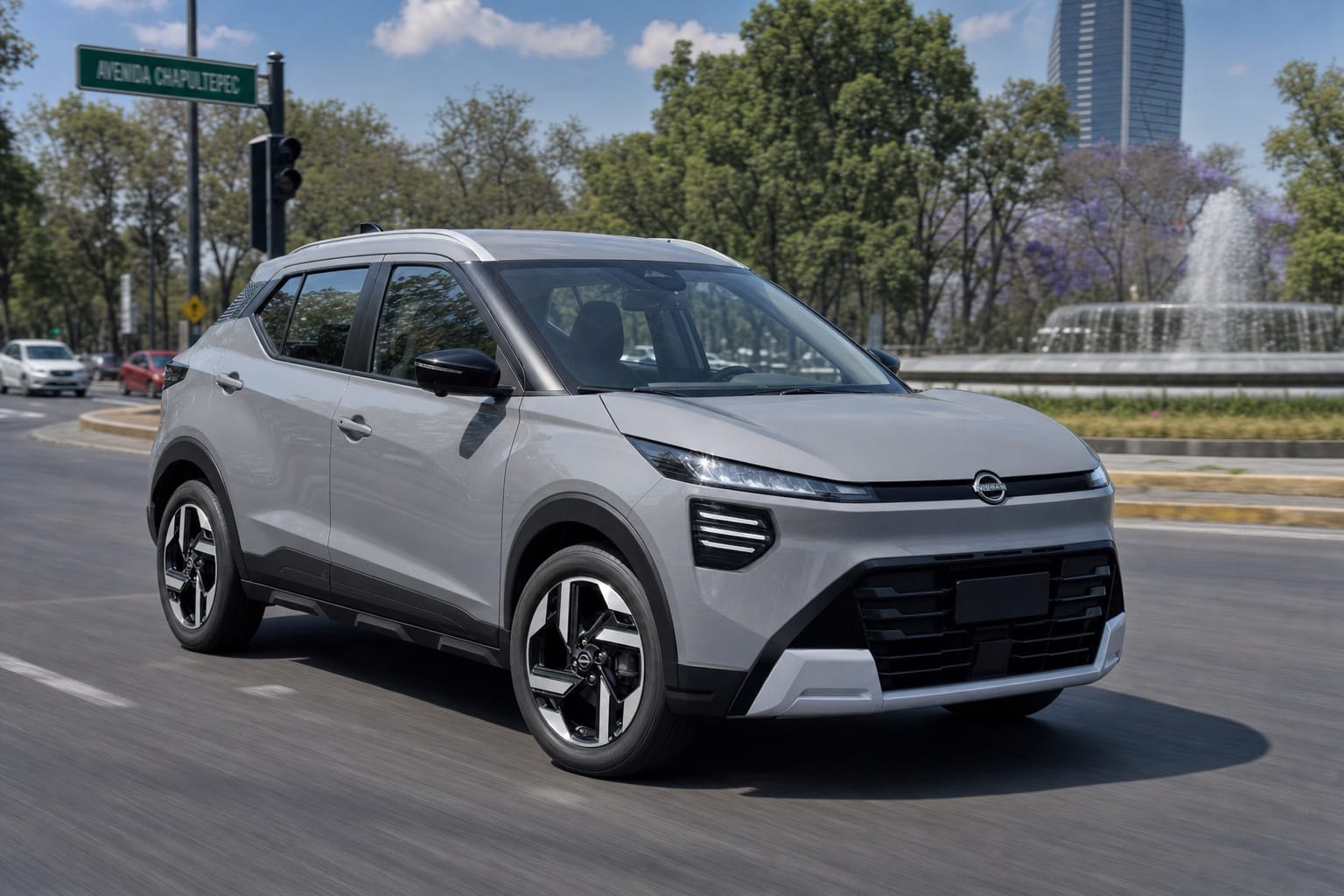 Frente del Nissan Kait 2026 con barra de luz a todo lo ancho, parrilla de barras horizontales y faros separados