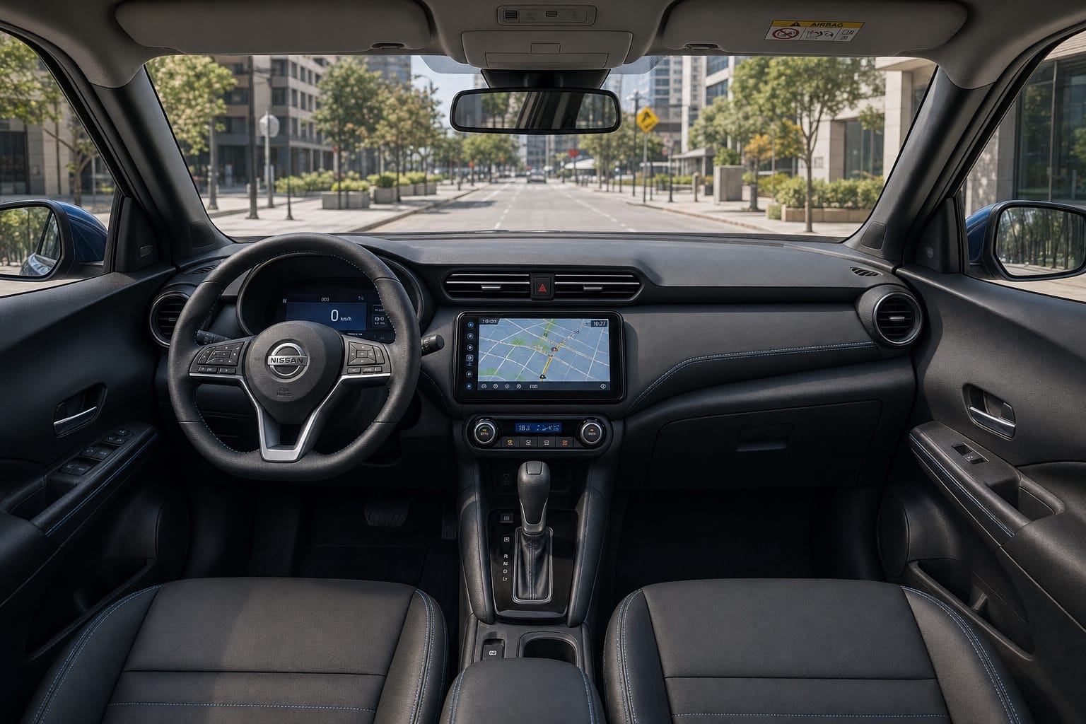 Interior del Nissan Kait 2026: tablero, pantalla táctil flotante y palanca de la transmisión CVT