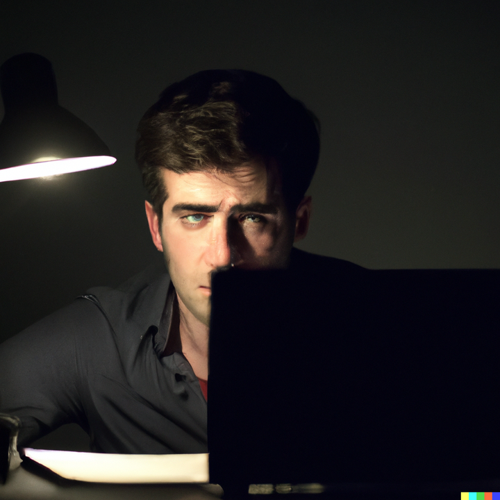 A deep-feeling man staring off past you, in front of a laptop, dimly lit by a lamp on a desk.
