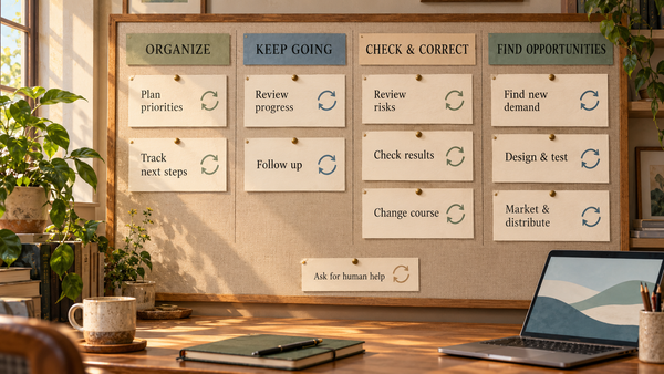 Illustrated planning board with recurring tasks for organizing work, following up, reviewing risks and results, finding demand, marketing, and requesting human help.