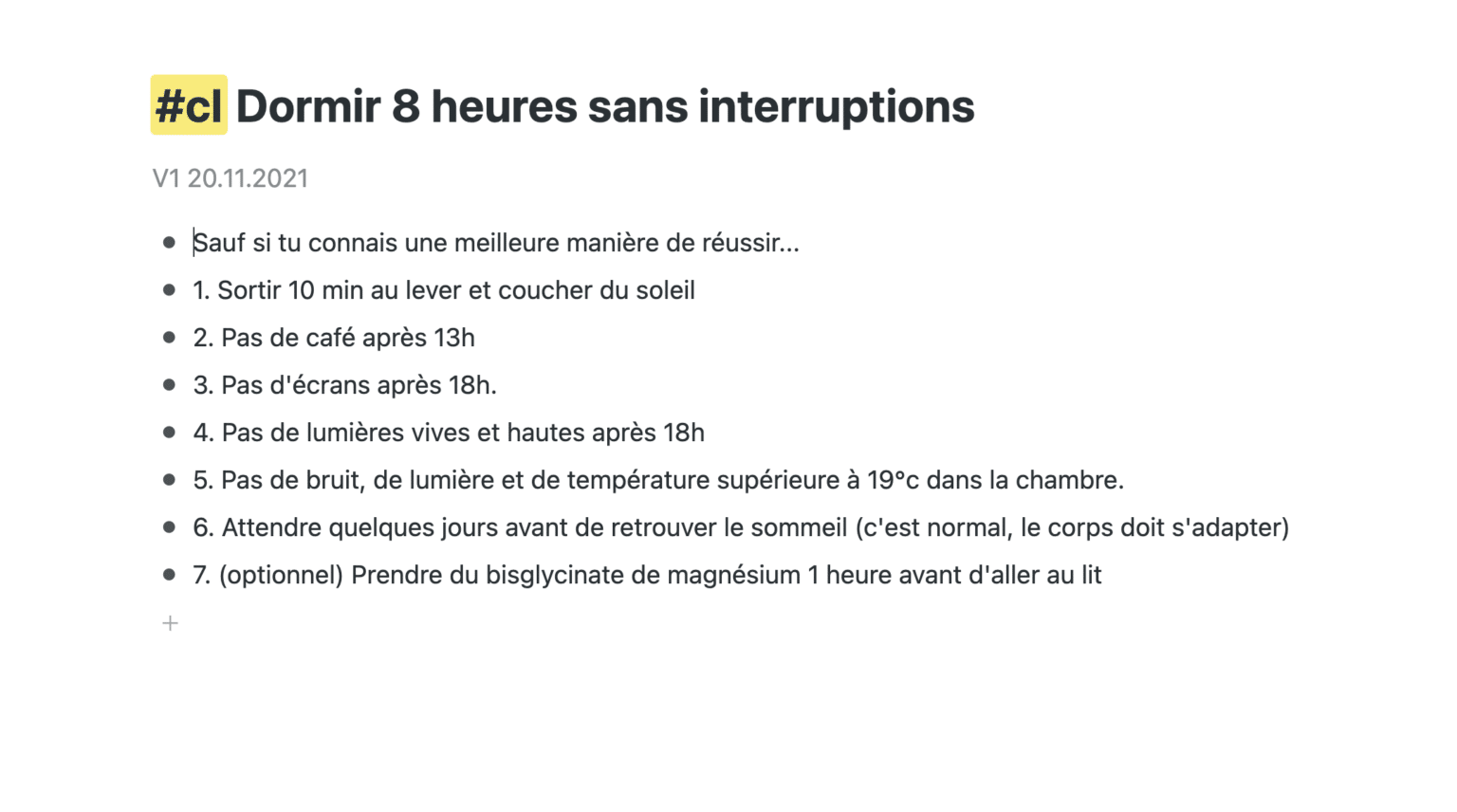 Exemple d'une checkliste pour mieux dormir