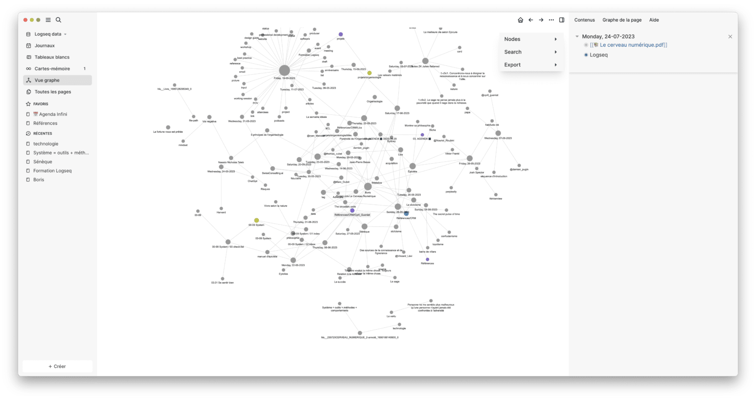 Capture d'écran Logseq tableau de bord