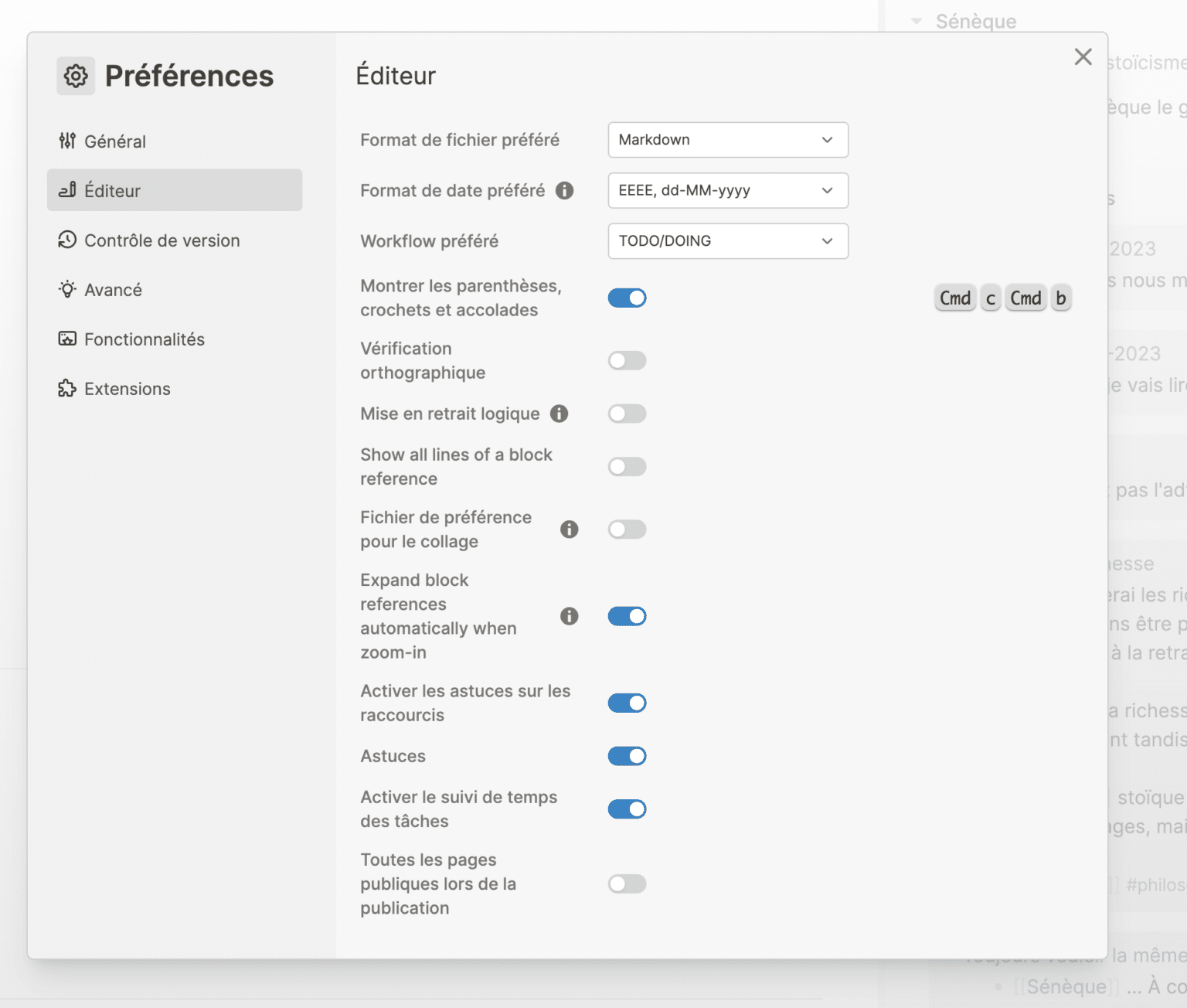 Paramètres et préférences logseq