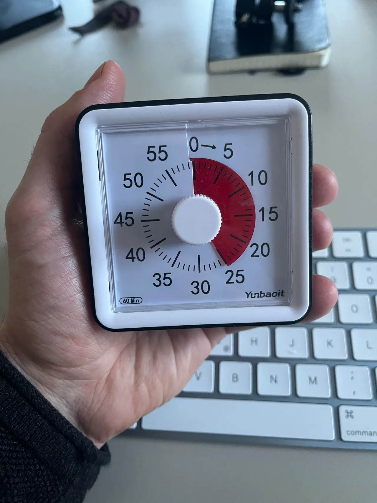 Voici le minuteur physique que j'utilise pour mesurer mes pomodoris (modèle Yunbaoit)