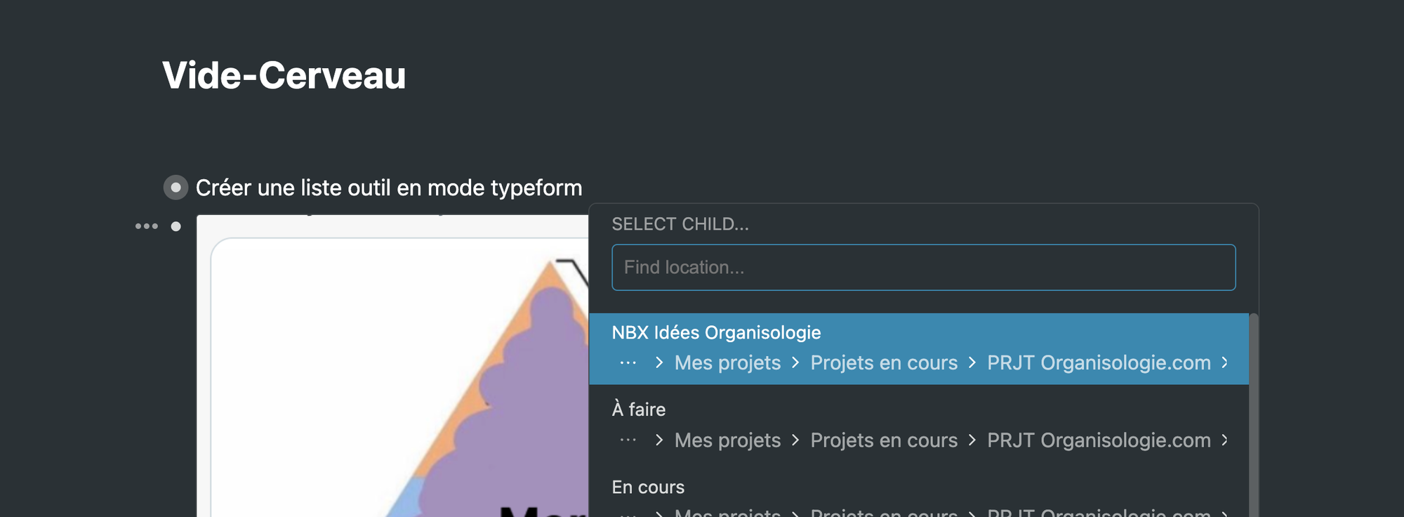 Capture d'écran Workflowy : la fonctionnalité Move to Child en action