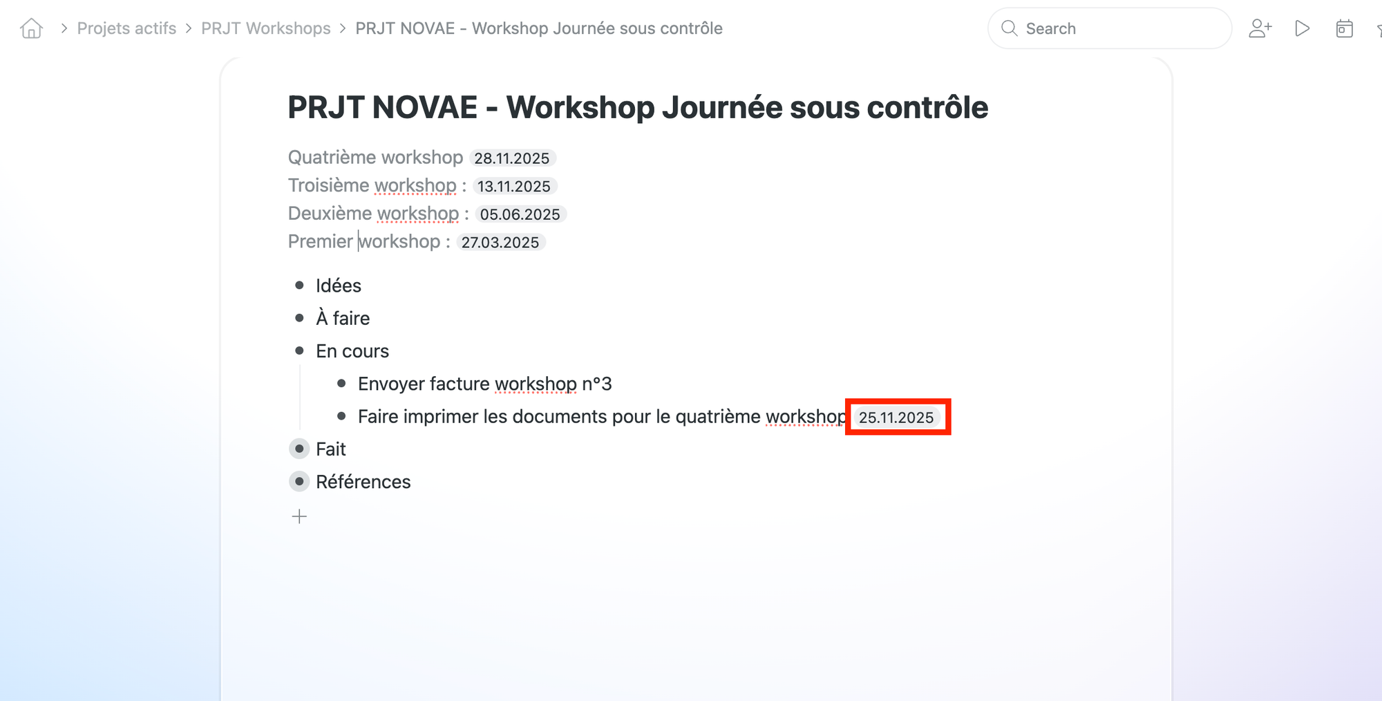 Capture d'écran de Workflowy montrant la structure d'un projet avec des dates d'échéances