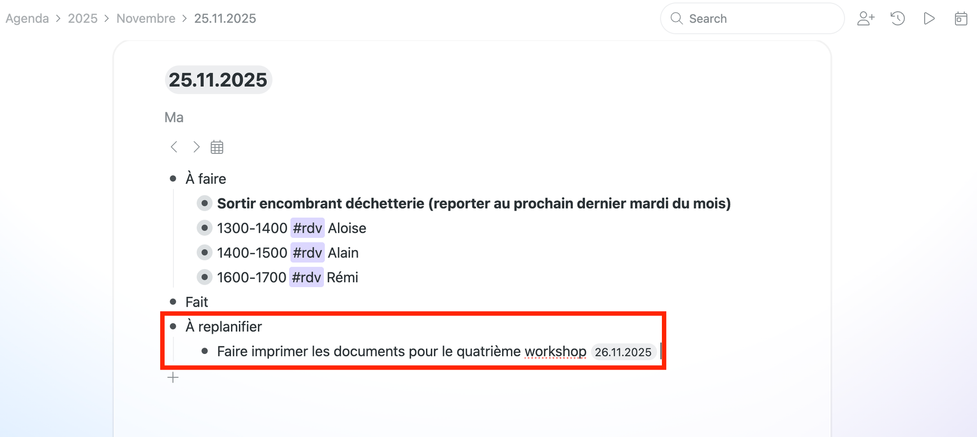 Capture d'écran de Workflowy : tâche à replanifier et ajout de dates