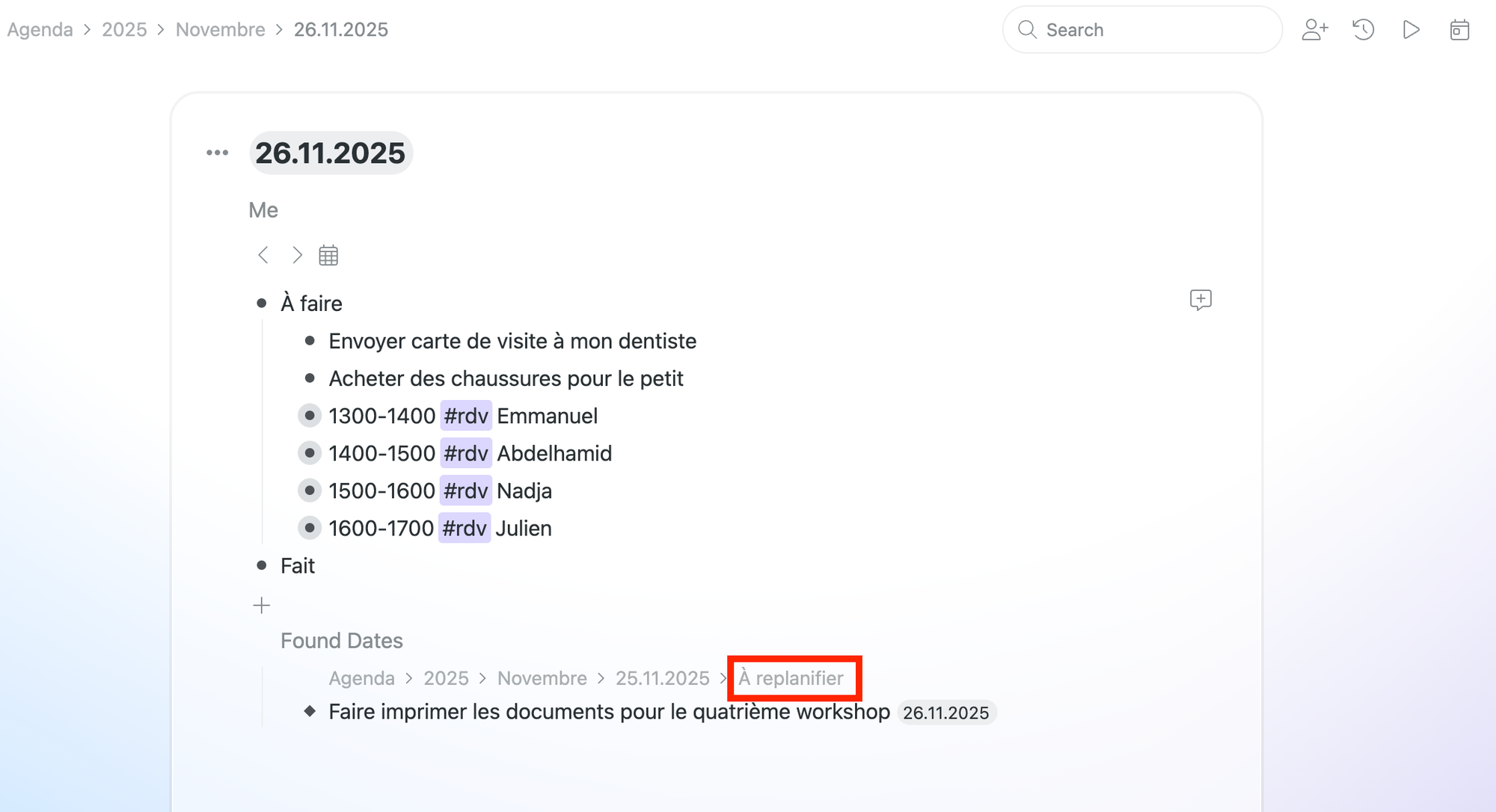 Capture d’écran de Workflowy : le calendrier avec l’onglet « Found Dates » affichant une tâche de projet et sa date extraite/ajoutée automatiquement.