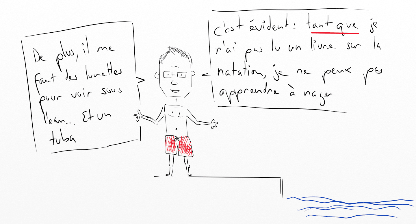 tant que.. dessin d'un homme en maillot de bain au bord d'une piscine : c'est évident tant que je n'ai pas lu un livre sur la natation, je ne peux pas apprendre à nager