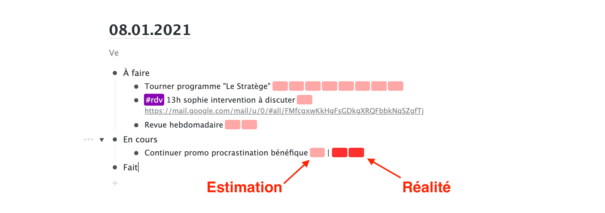 Capture d'écran des pomodoris planifiés et réalisés
