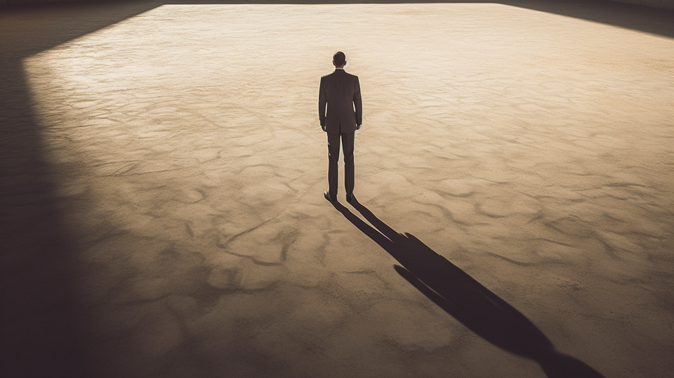 A detailed, ultra-realistic image of a man in a suit, standing alone in a vast, empty space, symbolizing his decision to walk
