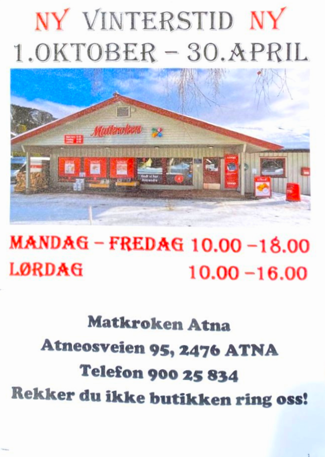 Nye åpningstider på Matkroken Atna