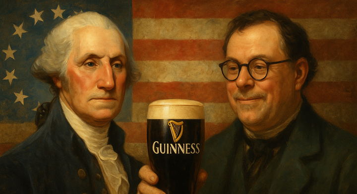 A painterly illustration of the author holding a pint with George Washington.