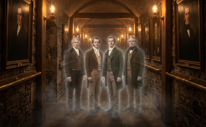 four ghostly apparitions stand in a hallway. each representing a member of the first four generations of Guinness leaders