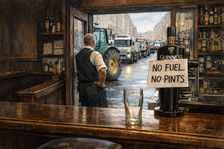 Illustration showing an empty pub. On the tap a note reads "NO FUEL. NO PINTS." In the background a barkeep stands in the doorway looking at the street lined with farm tractors and lorries.