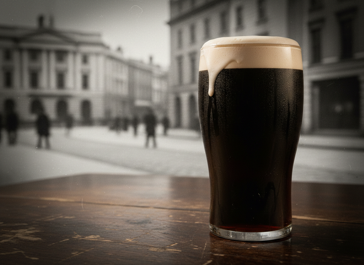 A pint of Guinness in the foreground and a black and white historic image of the Dublin GPO