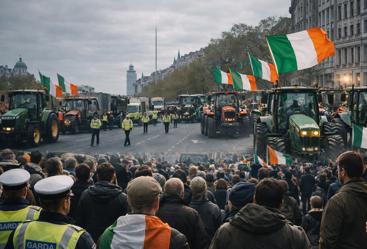 an AI image of crowds of Irish people in the streets lined by farm tractors and lorries, Ireland flags waving in the air, Garda officers present.