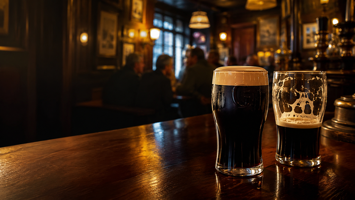 Guinness pints on a bar. One half consumed. One still settling 