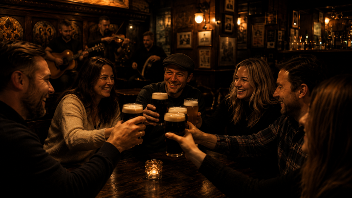 A group of men and women toast with Guinness pints and cider. They are sitting around the table in a pub, musicians in the background. A new round just arrived. 