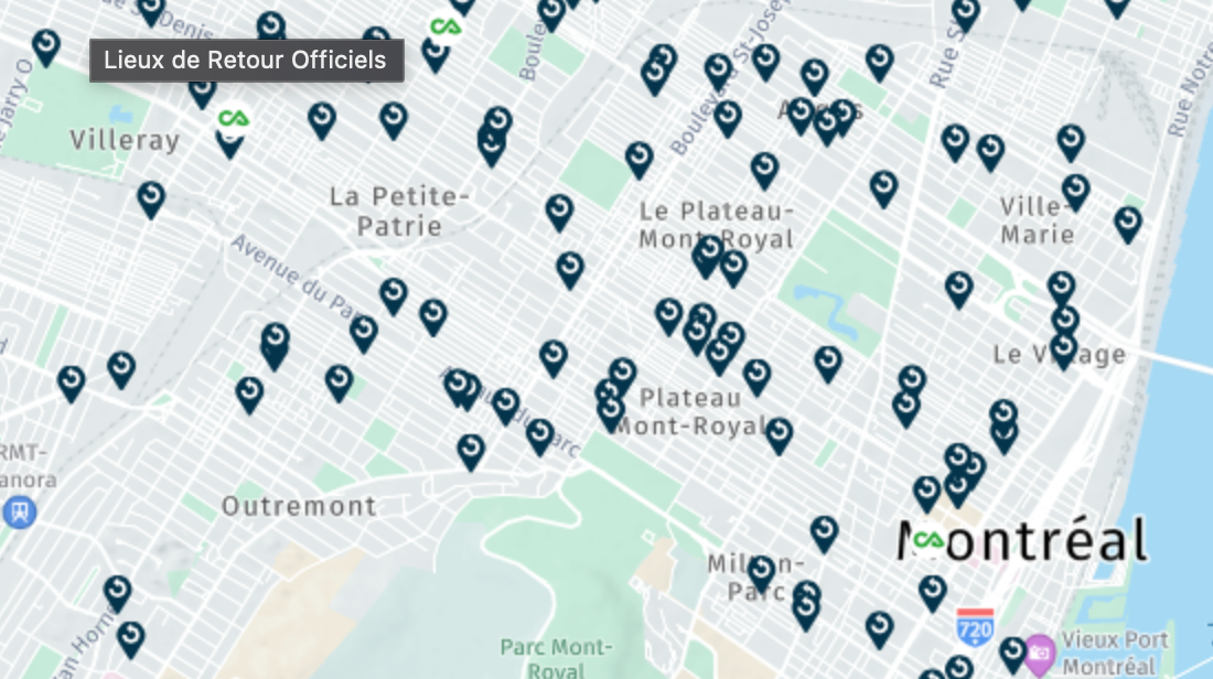 Ladite carte des points de retour associés à Consignaction et situés aux alentours du Plateau-Mont-Royal.