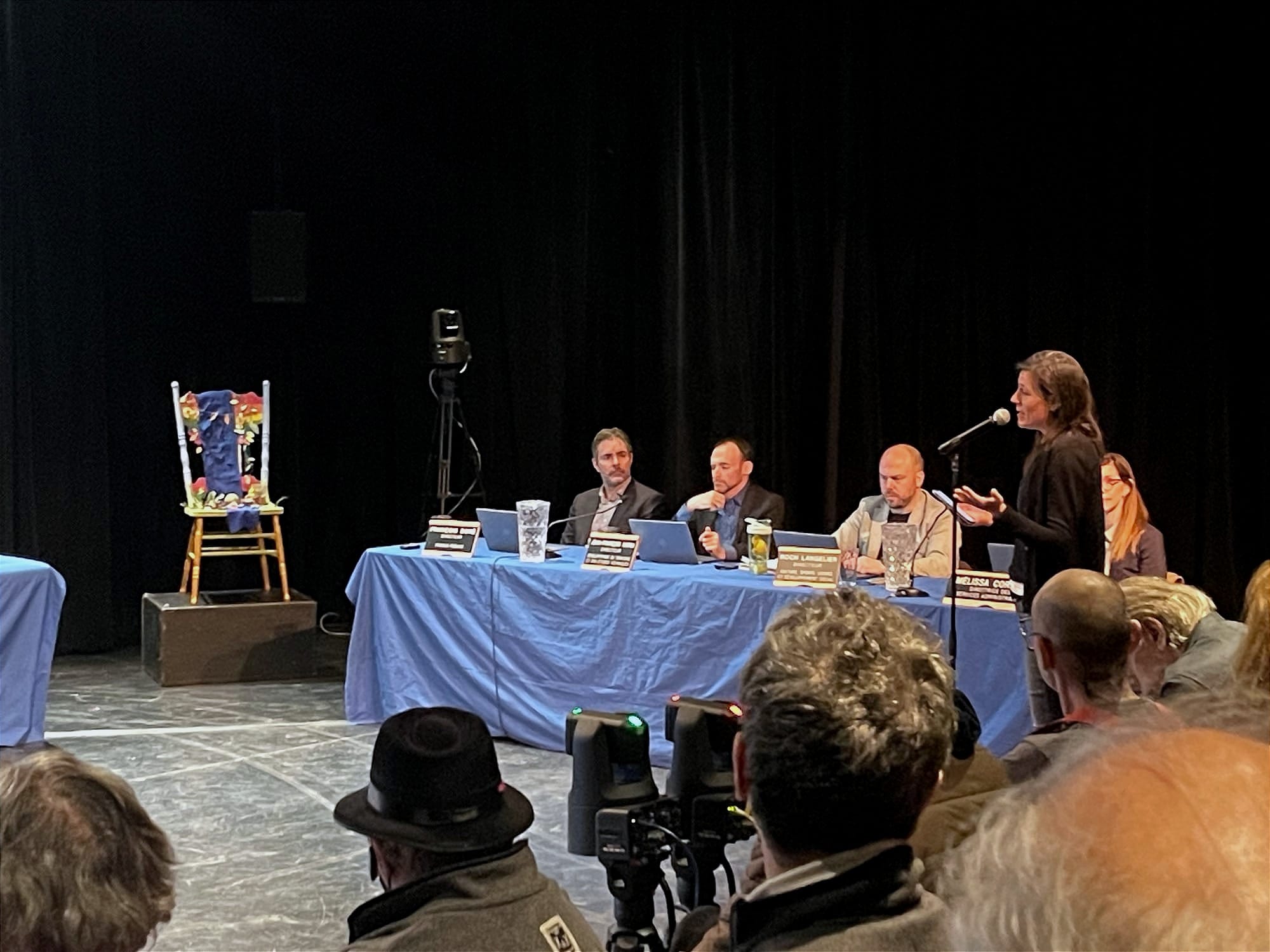 Mme Laguitton au micro, lors de la séance du conseil d'arrondissement. 