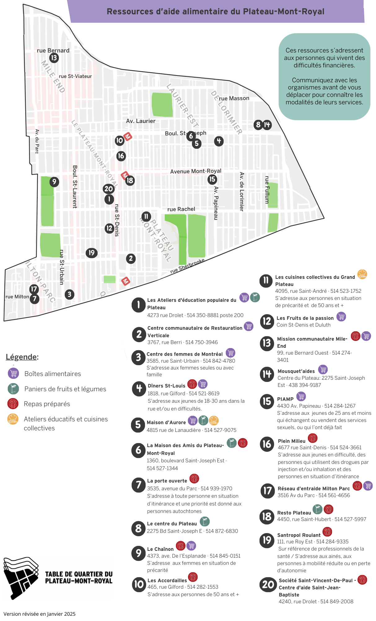 Une carte et une liste avec les différentes ressources d'aide alimentaire dans Le Plateau-Mont-Royal.