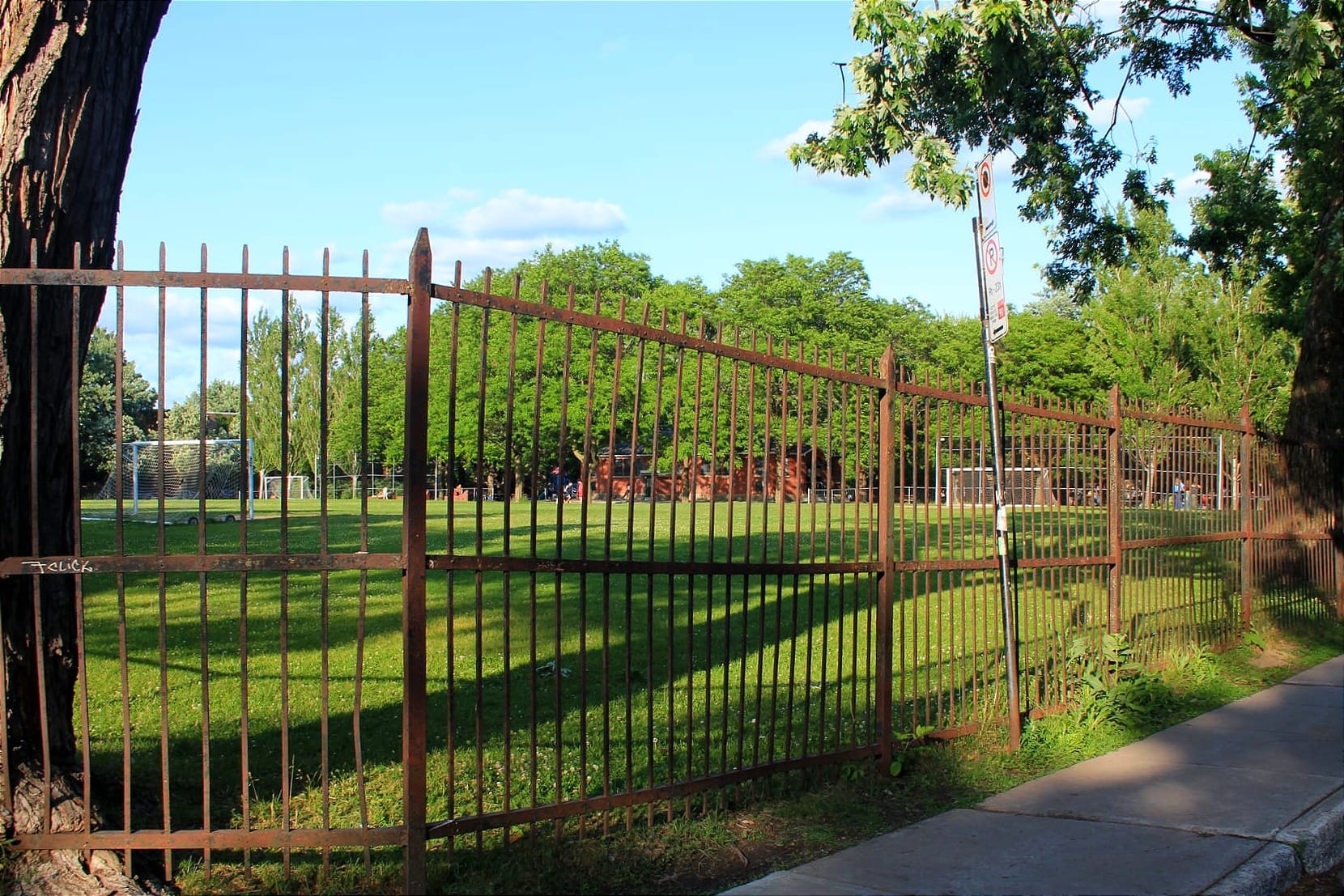 Les terrains de soccer du parc Baldwin éclairés par la lumière du soleil couchant. 