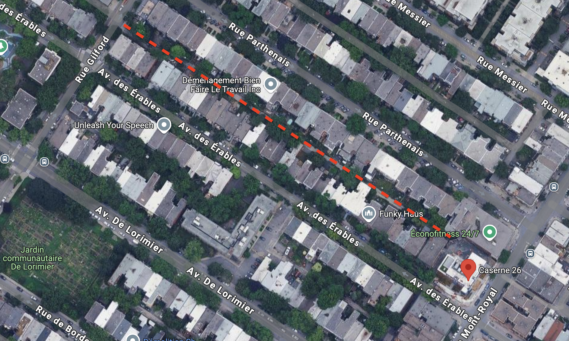Une carte satellite du secteur, avec la ruelle Gilford, du Mont-Royal, Parthenais, des Érables.