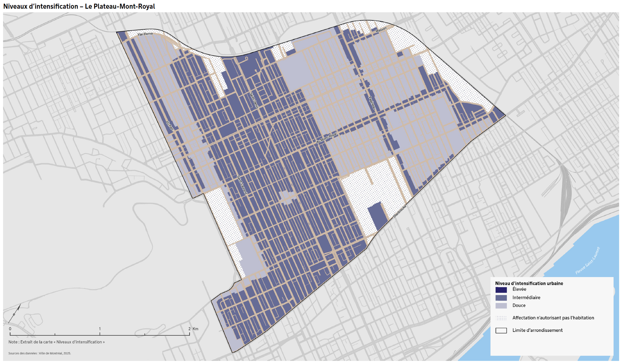 Une carte de l'arrondissement du Plateau-Mont-Royal avec différentes teintes de violet qui indique les niveaux d'intensification prévus.
