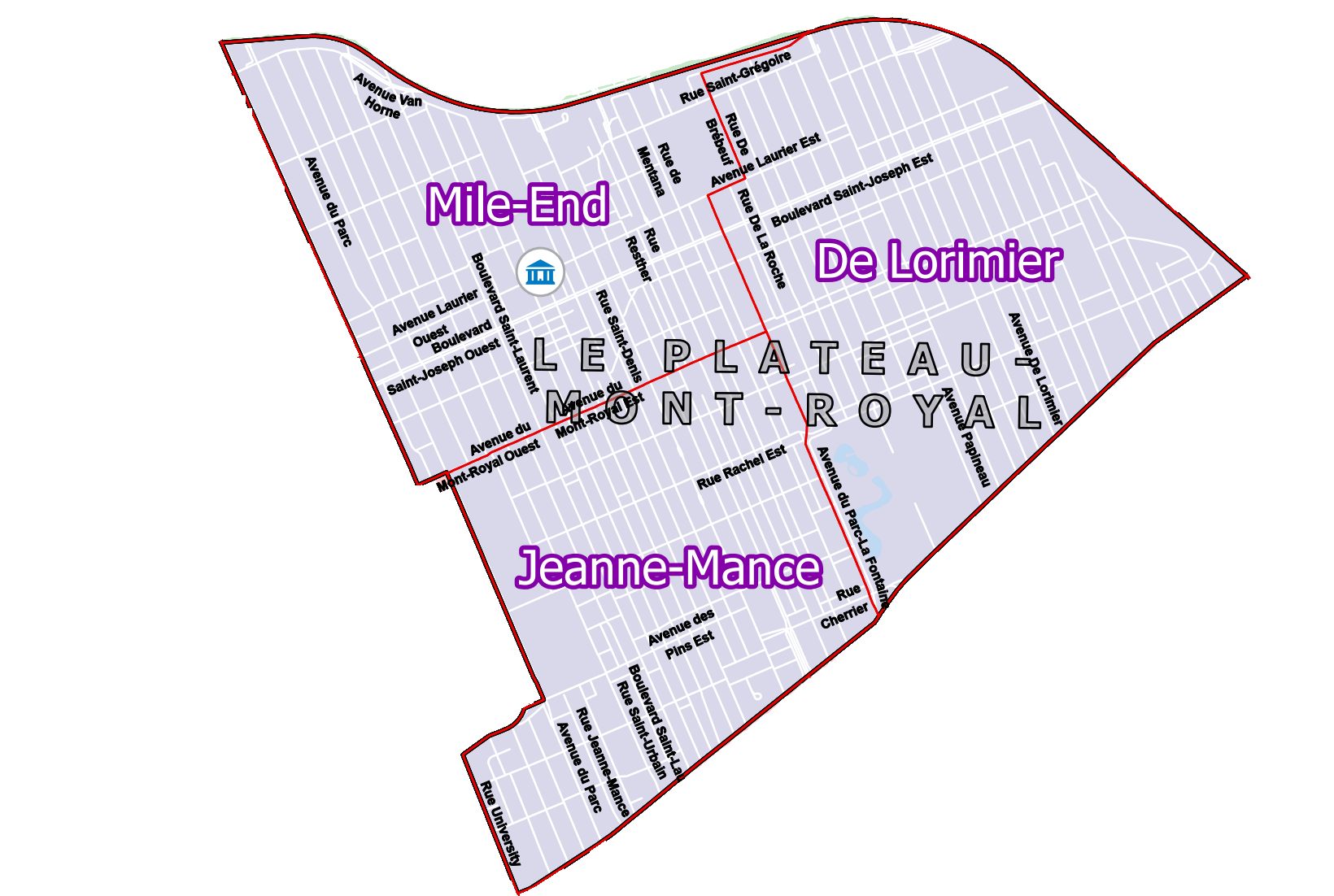 Le territoire de l'arrondissement du Plateau-Mont-Royal est divisé en trois sections: Mile-End, Jeanne-Mance et De Lorimier.