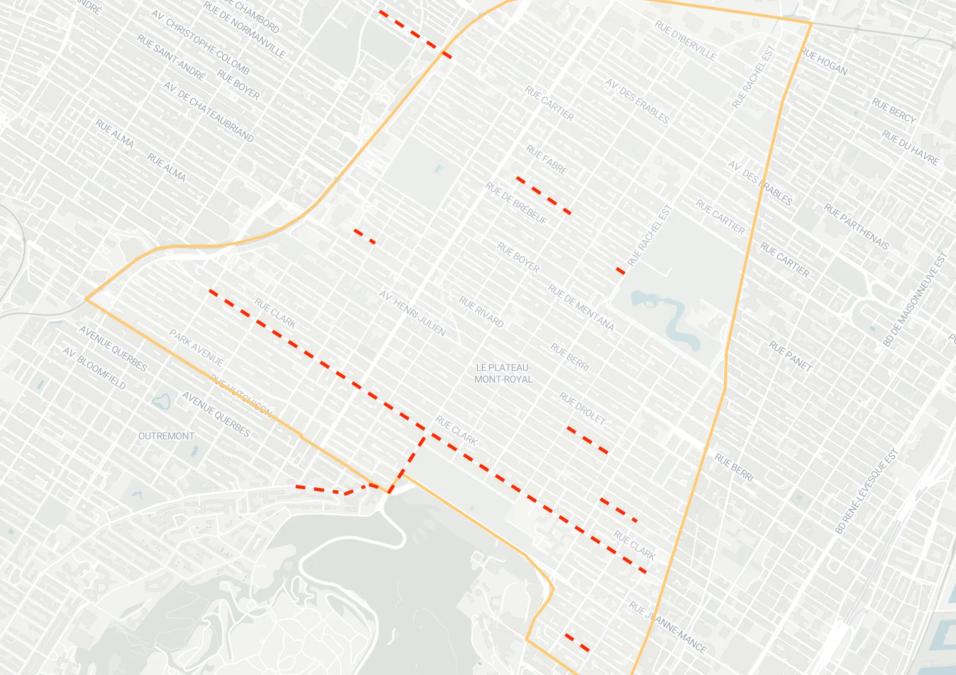 Une carte de l'arrondissement du Plateau-Mont-Royal avec neuf tracés en rouge et blanc.
