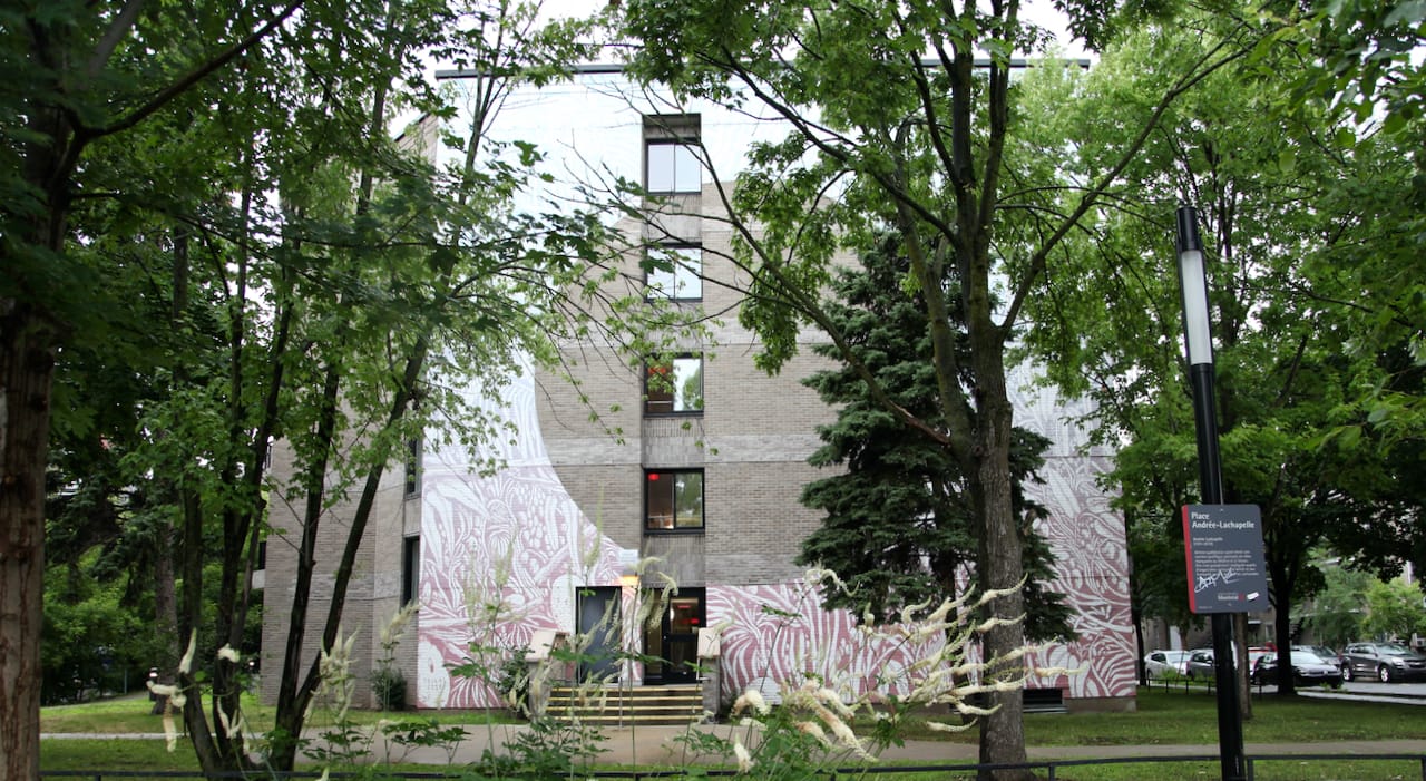 La murale où un cercle vide est entouré de motifs blancs et roses.