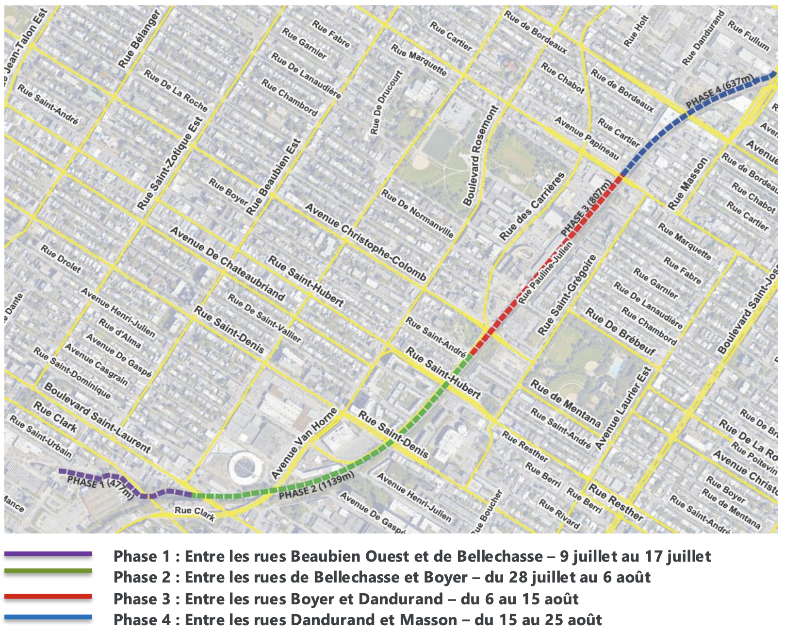 Cette carte présente les différentes phases des travaux qui s'étirent du 9 juillet au 25 août 2025.