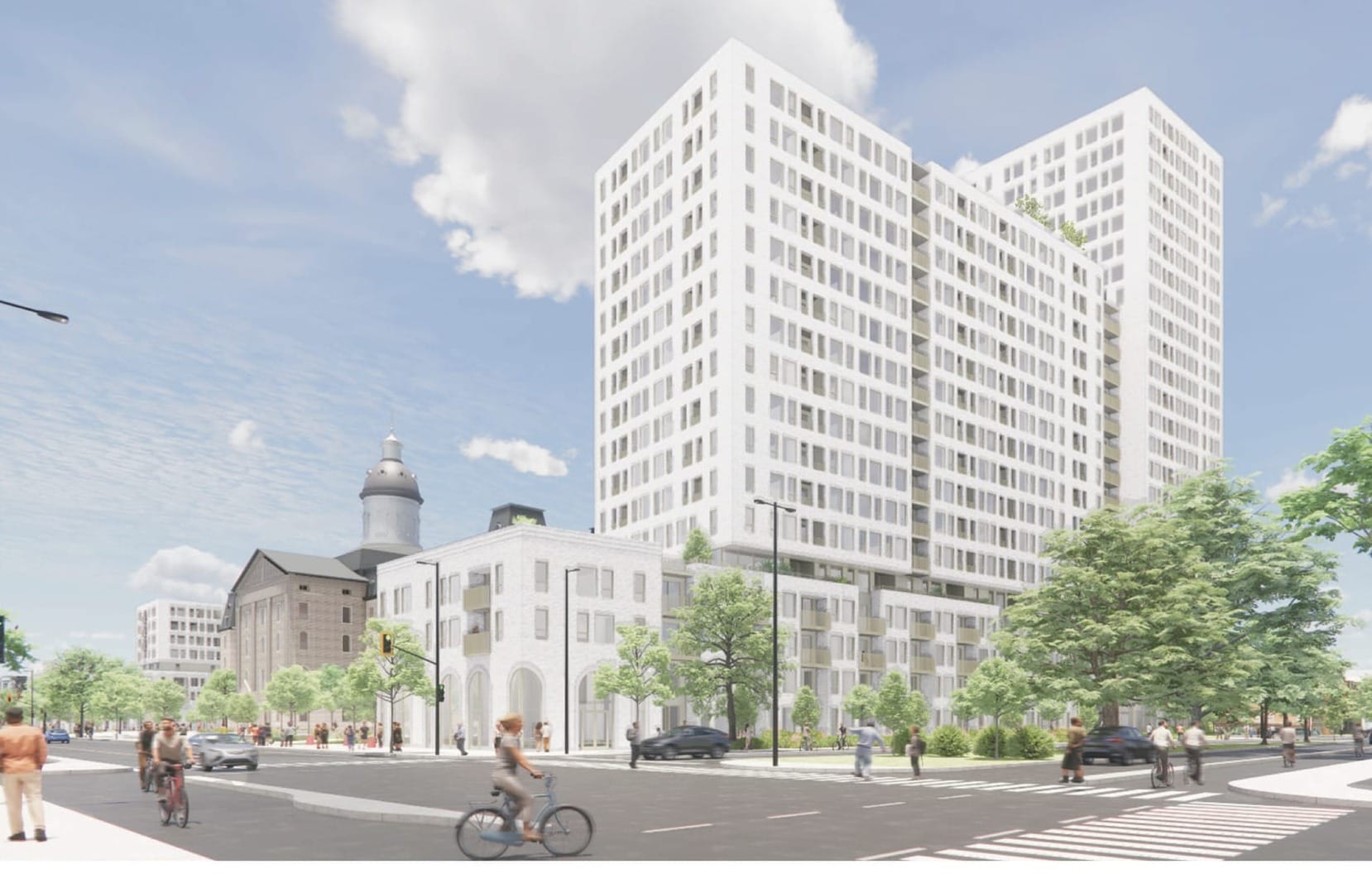 On peut voir les édifices prévus sur la rue Cherrier trôner au dessus de l'artère.