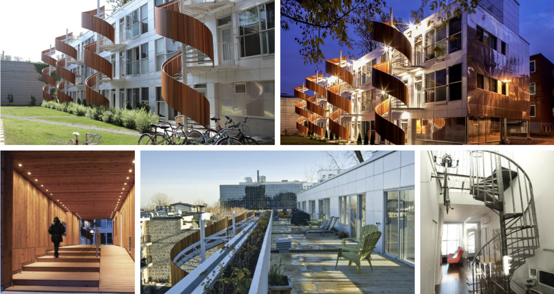 Un montage de cinq photos présente l'extérieur avec des escaliers en colimaçon fait de bois, ainsi que l'intérieur du bâtiment.