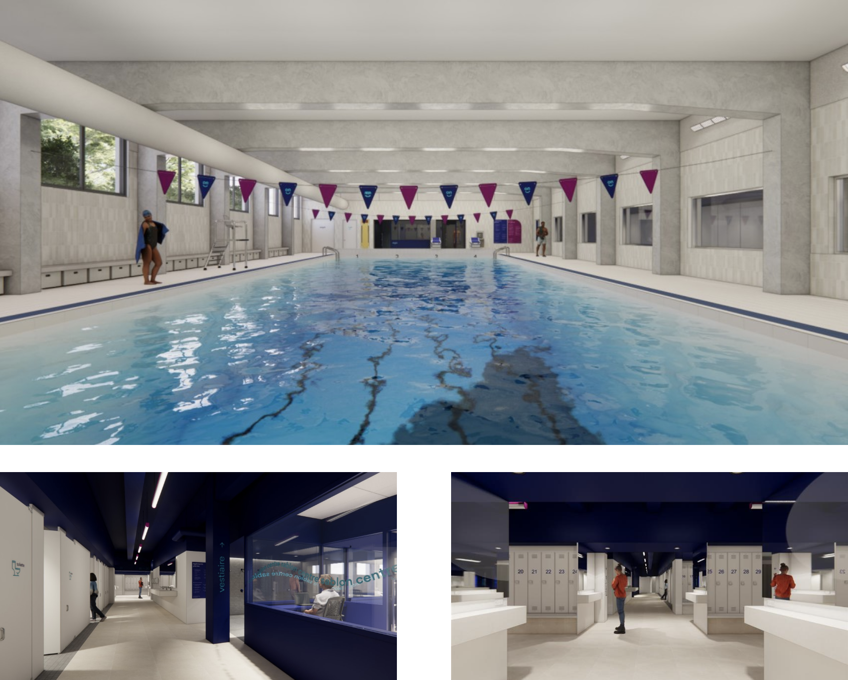 Des images générées par ordinateur montrant la piscine rénovée et une modernisation des vestiaires.