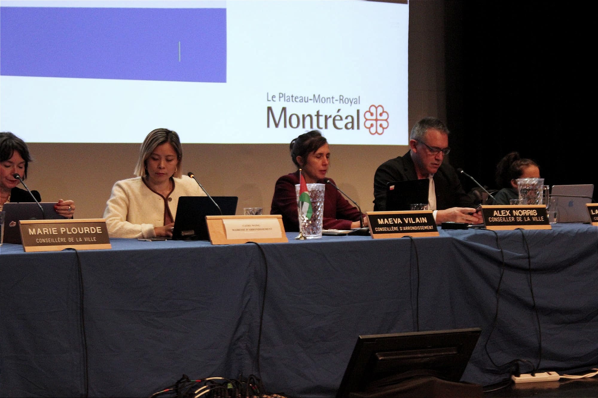 Les élus (Marie Plourde, Cathy Wong, Maeva Vilain, Alex Norris et Laurence Parent) siègent pendant la séance ordinaire du conseil d'arrondissement.