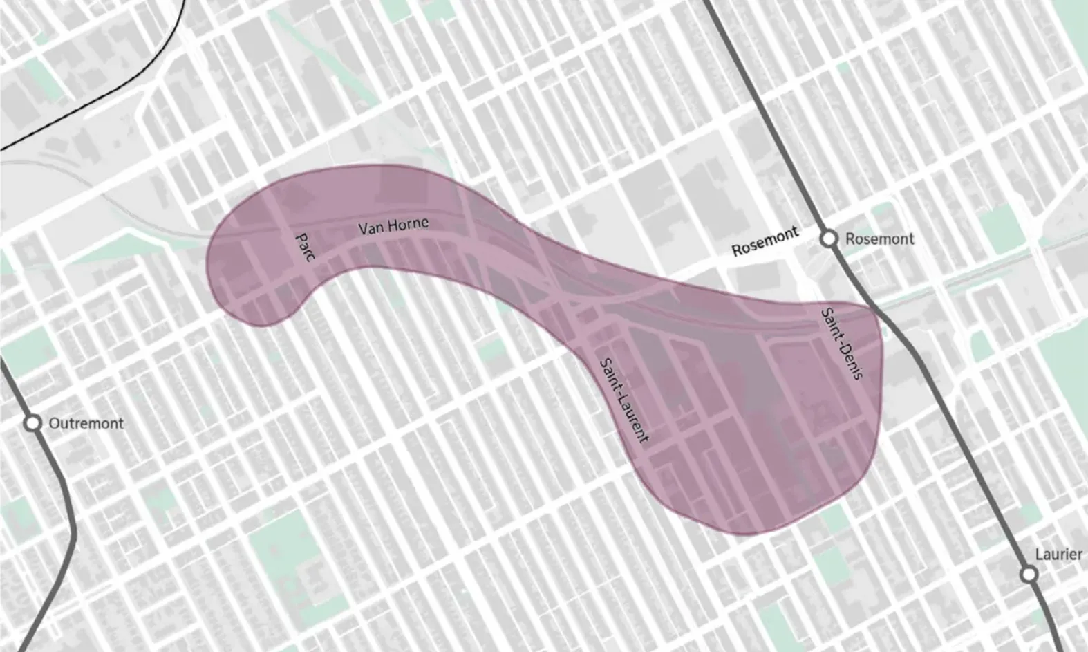 Une carte identifie le secteur situé entre St-Laurent et St-Denis, au nord de Maguire, qui se prolonge aux abords des voies ferrées, passé l'avenue du Parc.