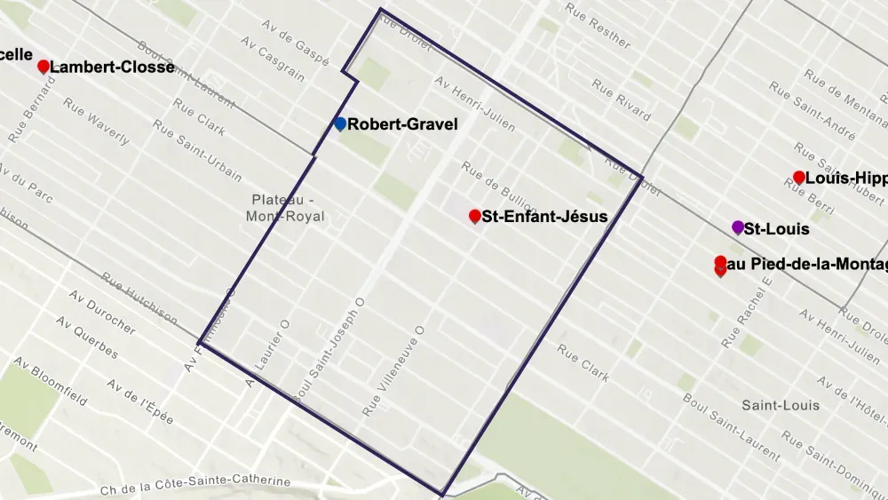 Le territoire de l'école Saint-Enfant-Jésus est délimité à l'ouest par la rue Hutchison, à l'est par la rue Drolet, au nord par l'av. Fairmount et la rue Boucher et au sud par l'av. du Mont-Royal.