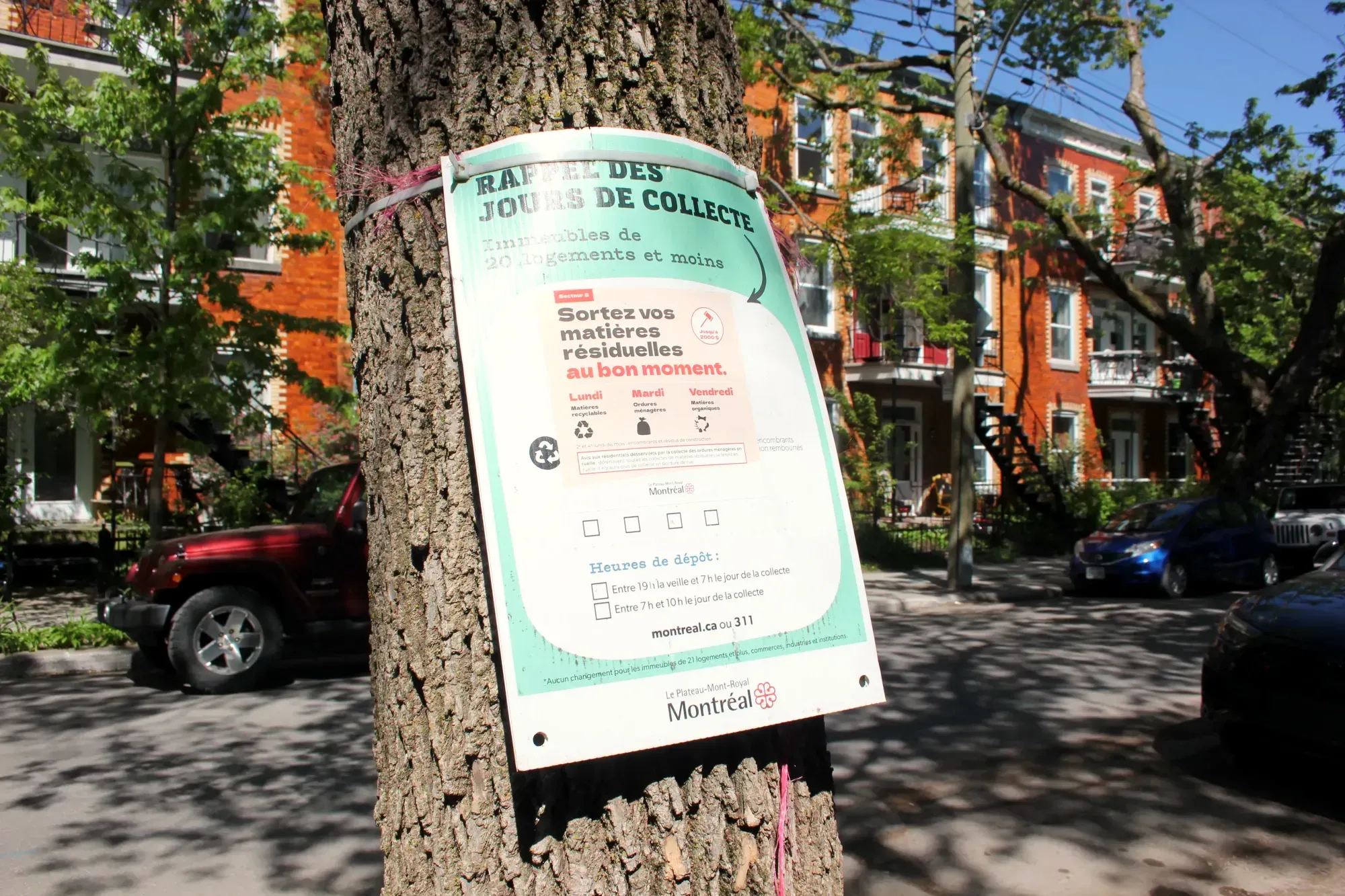 La pancarte accrochée à un arbre d'une rue résidentielle indique que la collecte des matières recyclable est le lundi, les déchets, le mardi, et les matières organiques, le vendredi.