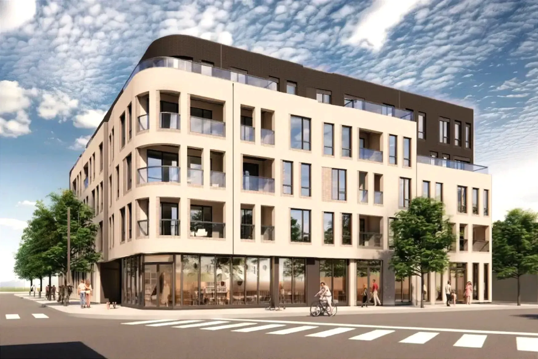 Rendu de l'immeuble à cinq étage, vu du coin opposé de l'intersection. 